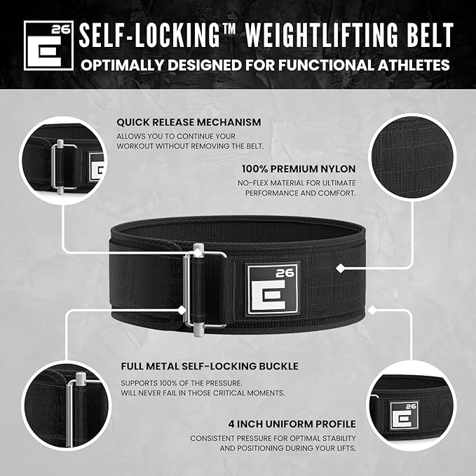 Element 26 Self-Locking Weight Lifting Belt - Premium Weightlifting Belt for Serious Functional Fitness and Olympic Lifting Athletes - Lifting Support for Men and Women - Deadlift Training Belt