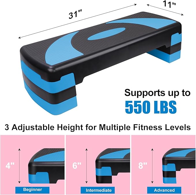 Exercise Workout Aerobic Step Platform Trainer, 31" Aerobic Stepper with 4"-6"-8" Adjustable Height Risers
