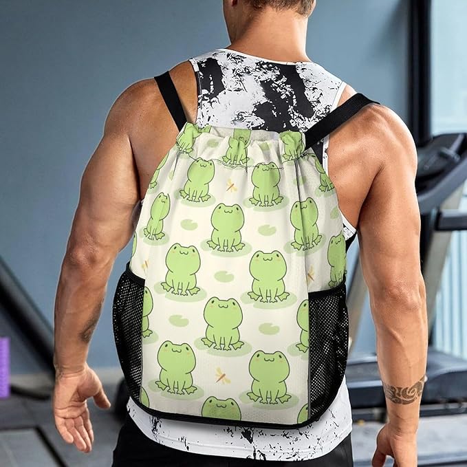 Frog Drawstring Backpack - Cute Cinch Sack, String Backpacks with Pocket for Kids Women Men Boys Girls for Gym Outdoor Sports Travel Athletic Drawstring Bag - Lightweight/Foldable