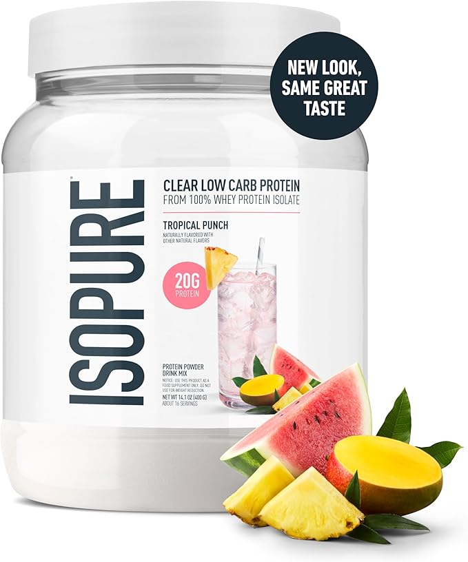 Isopure Clear Whey Isolate Protein Powder, Lactose Free, Gluten Free, Naturally Flavored, Tropical Punch, 20g Protein Per Serving, 14.1 Oz, 16 Servings (Packaging May Vary)