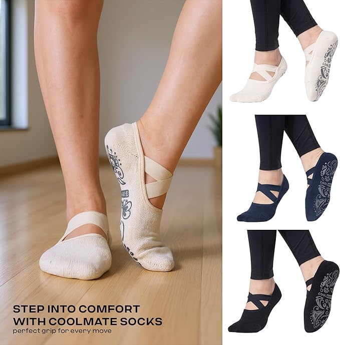 CoolMate Pilates Socks with Grips for Women, Yoga Socks, Crew Non Slip Women for Workout, Barre, Pilates Gifts