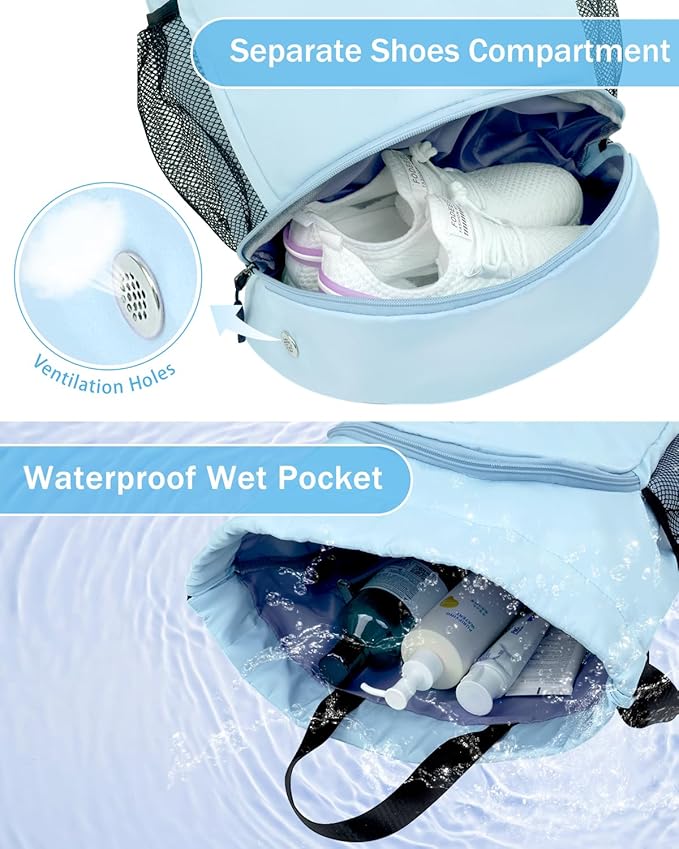 Drawstring Backpack Gym Backpack with Shoe Compartment for Men Women String Sports Bag with Wet Pocket Cinch Swim Beach Bag, Blue (Patent Pending)