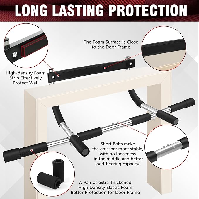 Pull Up Bar for Doorway, Upgrade Chin up Bar for Doorway Without Screws, Portable Strength Training Door Frame Pull-up Bars, Door Workout Bar with Foam Grips for Home