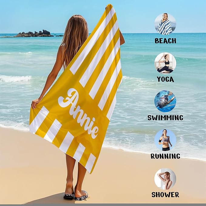 JML Personalized Beach Towel with Name, Custom Cabana Stripe Beach Towel, Customized Microfiber Pool Towel, Quick Dry & Absorbent Swim Towel for Adult,Mother's Day, Birthday, Summer Holiday,Vacation