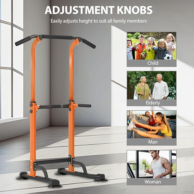 Dland Power Tower Pull Up Bar Dip Station and Height Adjustable Dip Bar Stand, Multi-Function Home Gym Exercise Equipment Strength Training Fitness Workout Station