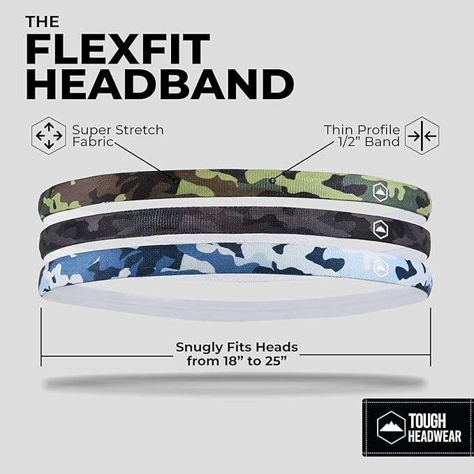 Tough Headwear Thin Elastic Headbands for Men - Sports Hair Head Band for Women & Men - Non Slip Mens Workout Headband - Running or Soccer Headband - 6-Pack