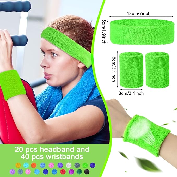 60 Pieces Sweatbands Set Includes 20 Sports Headband and 40 Wristbands Sweatbands Colorful Terry Cloth Wristbands for Working Out Tennis Gym 80s Sweat Band for Athletic Men and Women