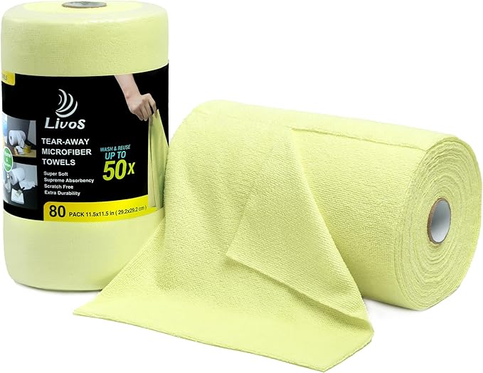 LIVOS Microfiber Cleaning Cloth Roll - 80 Pack, Reusable Paper Towels Tear Away Towels, Microfiber Towels for Cars, Super Absorbent Lint Free Cleaning Rags for House, Kitchen-Beige Yellow,11.5"x11.5"