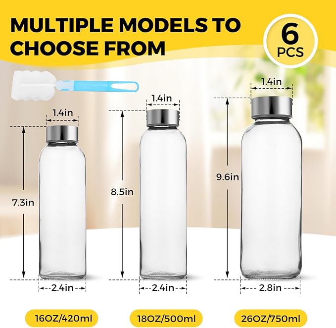 Set of 6 Clear Glass Water Bottles with Lid 18oz for Juicing Reusable Bottle Glass Cup with Stainless Steel for Juicing, for Halloween Refrigerator 100% Leak Proof Drinking Jar, BPA Free