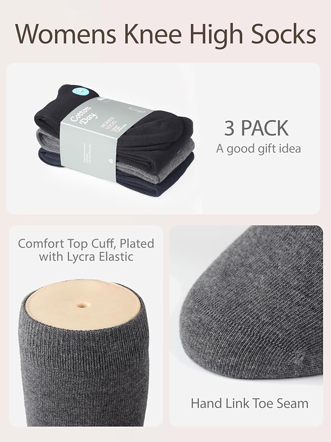 COTTON DAY Women's Soft Combed Cotton Knee High Long Calf Dress Socks Seamless Toe Black White Gray Navy Blue Brown