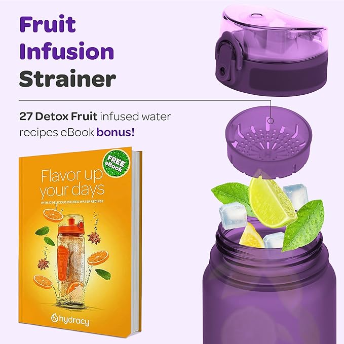 Hydracy Water Bottle with Time Marker -Large BPA Free Water Bottle & No Sweat Sleeve -Leak Proof Gym Bottle with Fruit Infuser Strainer & Times to Drink -Ideal for Fitness Sports & Outdoors