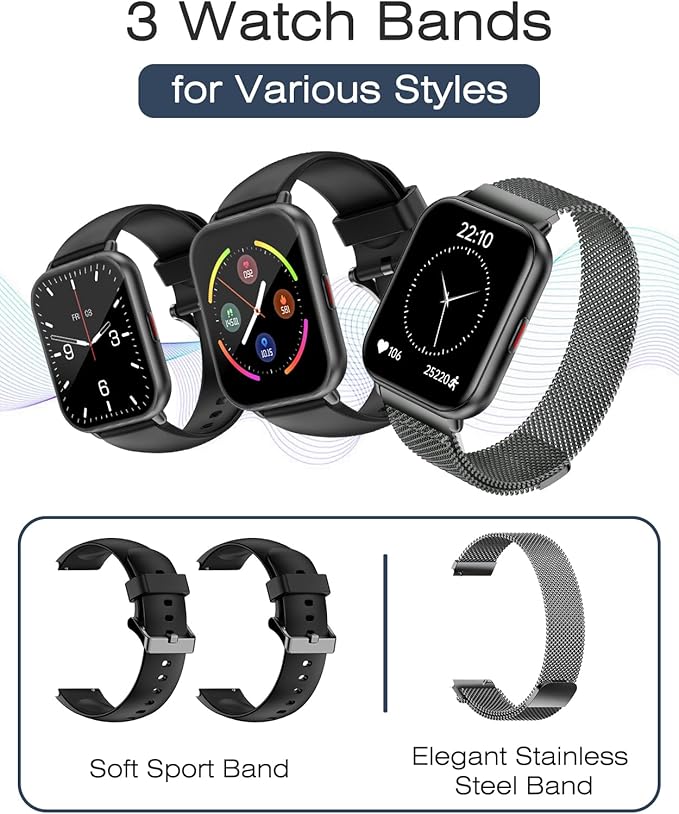 Smart Watches for Women Men (Answer/Make Calls, 3 Bands), 1.85" Fitness Tracker Watch for iPhone/Android Phones with Heart Rate Monitor Sleep/Steps Tracker 100+ Sports Pedometer Waterproof (Black)