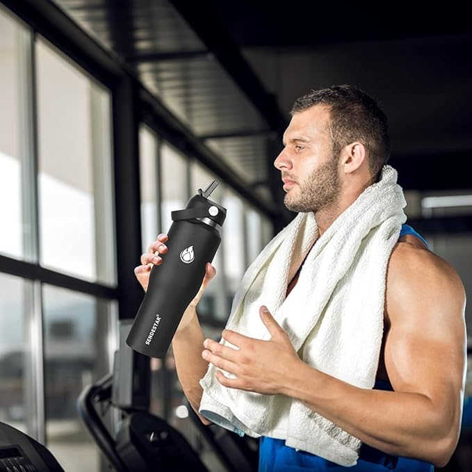 SENDESTAR 32oz Water Bottle Wide Mouth Stainless Steel Vacuum Insulated Double Wall with 2 Straw Lids Fit in Any Car Cup Holder TXIN-32-PH-1