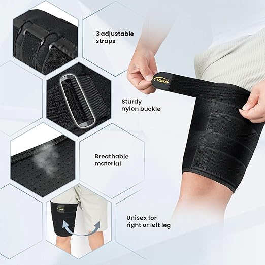 Hamstring Compression Sleeve with 3 Adjustable Straps,Thigh Compression Sleeve for Men Women,Thigh Wrap Compression for Pulled Hamstring,Groin ,Quad,Hamstring Brace for Hamstring Injury, Leg Brace for Upper Thigh support (Black, Medium)
