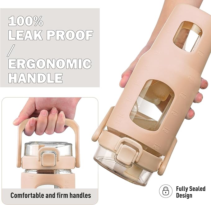 BLUEGO 32oz Glass Water Bottle with Handle and Straw|Leakproof Sports Glass Bottle with Time Marker and Silicone Sleeve|Glass Drinking Bottle for Travel, Gym, Workout, Amber