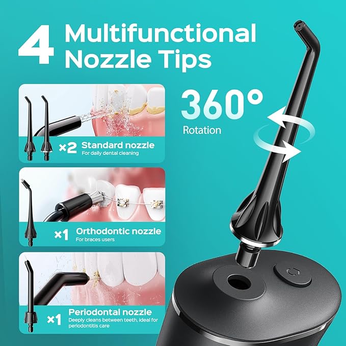 COSLUS Portable Water Flosser for Teeth: 4 Modes & 5 Intensity Levels Professional Electric Dental Pick for Sensitive Gums, Braces & Orthodontic - Cordless for Travel Use, for Adults, BPA-Free, Black