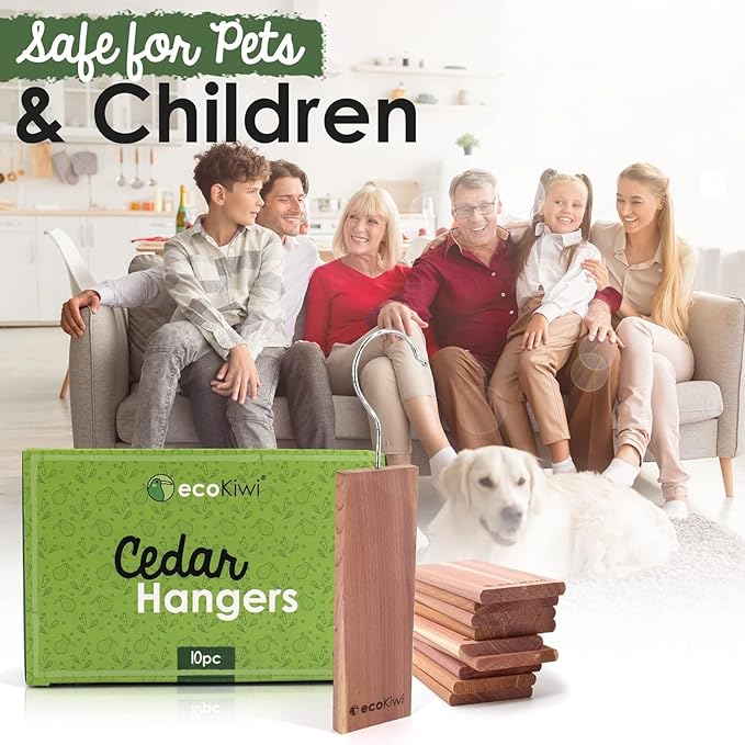 ecoKiwi Cedar Blocks for Clothes Storage - 10 Pack Hang Ups - 100% Natural Aromatic Cedar Planks for Closets and Drawers - Cedar Wood Hangers Balls Chips with Sandpaper - Cedarwood Scented Freshener