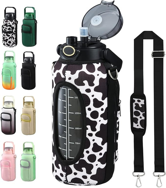 Half Gallon 64oz Glass Water Bottle with Straw and Storage Sleeve Motivational Water Bottle with Strap and Time to Drink 2L Leakproof Reusable Water Jug for Fitness Gym and Outdoors