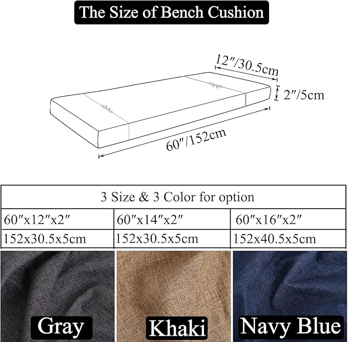 Custom Long Dining Bench Cushion with Ties for Indoor Furniture Non-Slip Rectangle Window Seat Cushions 60″x12″ Inch, Khaki