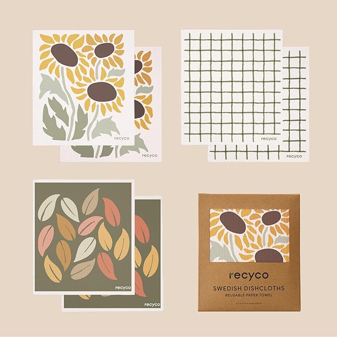 RECYCO Swedish Dishcloths for Kitchen | 6 Pack Autumn Leaf Washable Dish Rags | Cellulose Reusable Cleaning Paper Towels | Absorbent Counter Dish Cloth Sponge Kitchen Wipes, 8" L x 7" W
