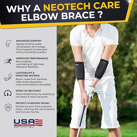NeoTech Care Elbow Support Brace - Breathable - Men, Women, Right or Left (Black Color, Size M, 1 Pair)