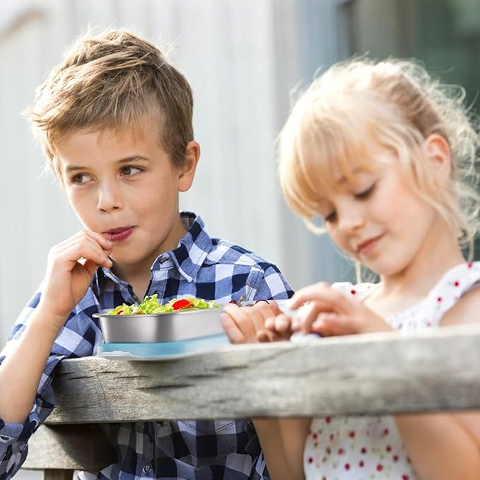 Stainless Steel Snack Containers for Kids Adults, 4 Pack 2 Compartment Metal Snack Containers Box with Lid, Reusable Food Storage Container, Leak Proof, Grab and Go