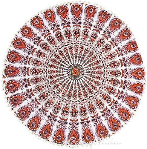 Eyes of India - Mandala Floor Pillow Cover Meditation Cushion Seating Throw Hippie Round Colorful Decorative Bohemian Indian Pouf Ottoman Handmade Cover ONLY (N1 Orange, 32" x 32")