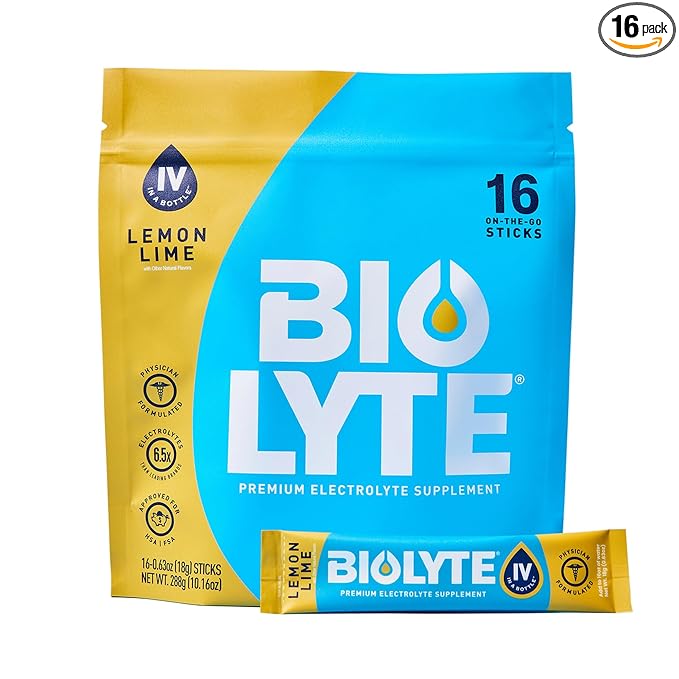 BIOLYTE IV Electrolyte Powder Packets, IV Liquid Drink Mix for Water, Doctor-Developed Hydration, HSA & FSA Approved Dehydration Relief, Chemotherapy Must Haves for Women & Men- Lemon Lime (16 Sticks)