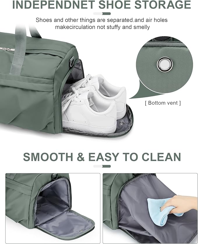 Gym Bag for Women Men with Shoe Compartment, Sport Duffel Bag, Waterproof Travel Weekender Overnight Carry on Bag for Yoga with Trolley Sleeve, Green