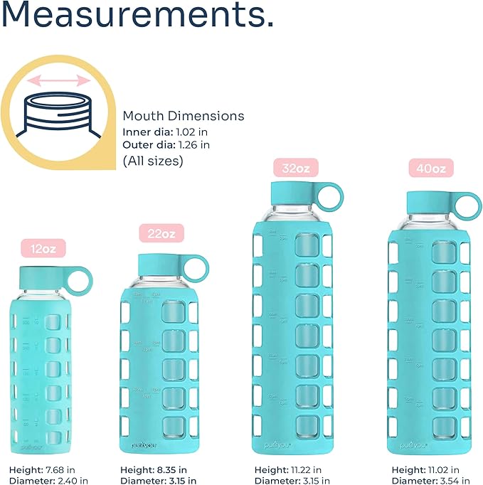 purifyou 40oz / 32oz / 22oz / 12oz Borosilicate Glass Water Bottle with Time & Volume Markers, Silicone Sleeve, Stainless Steel Lid | Reusable Glass Bottle for Water & Juice (32oz Aqua Blue)