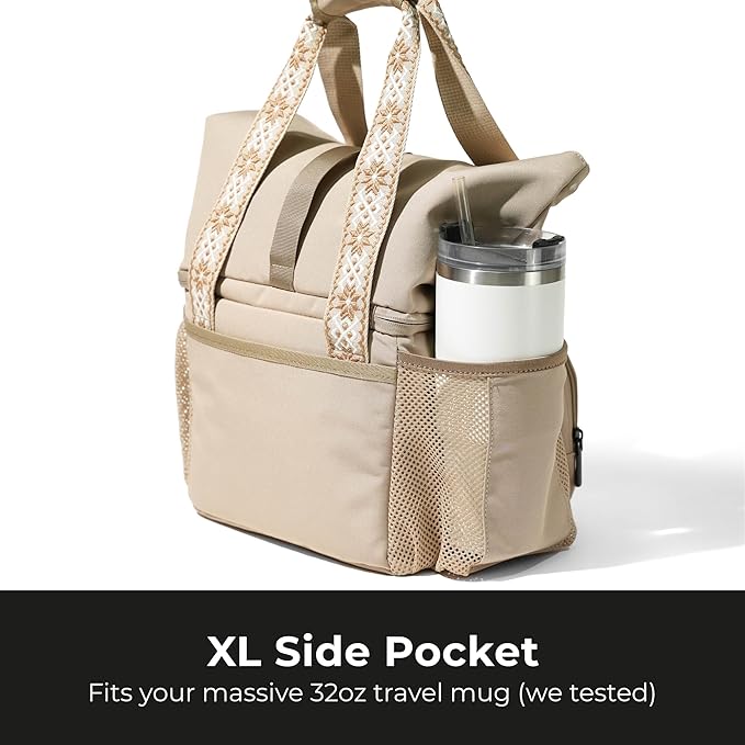 Dual Compartment Insulated Lunch bag, with 2 Leakproof Compartments & Roll-top, 13L lunchbox for work (Oatmeal Beige)