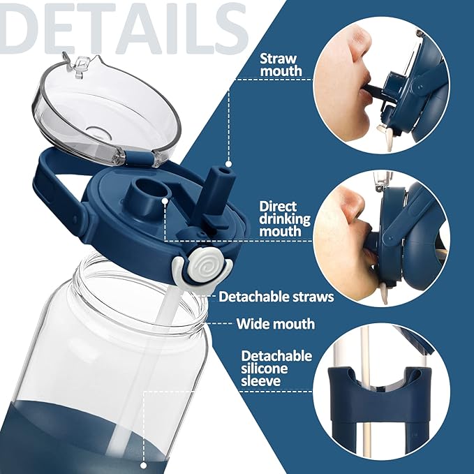 BLUEGO 64oz Glass Water Bottles with Straw Time Marker Half Gallon Large Motivational Water Bottle with Silicone Sleeve 2 Liter Large Glass Water Jug for Gym, Sports& Workout, Daily, Dark Blue
