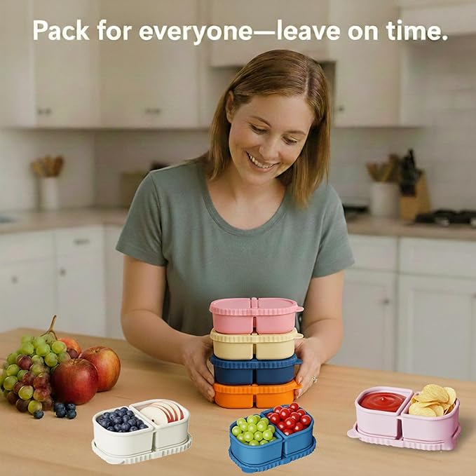 4 Sets Silicone Snack Containers with Lids, Reusable Double Compartment Plastic Container for Sauce Snack,Compact Food Storage for School, Office, Travel,Condiment Container with Lid (4 Colors)