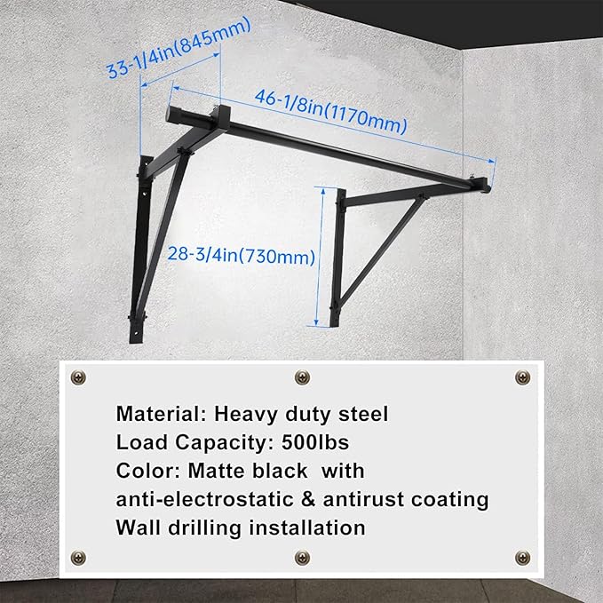 ECOTRIC 46" Wall Mounted Pull Up Chin Up Bar Heavy Duty Gym Workout Fitness Home Mount Fitness 500lbs