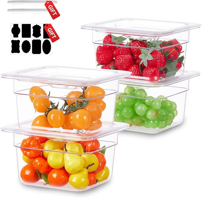 1/6 Size&4 Inch Commercial Food Pan with Lids-[NSF Certified][Hot&Cold Resistant] 4PCS Clear Restaurant Food Storage Containers with Lids, Topping Salad Bar Container (BPA-FREE)