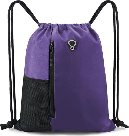 BeeGreen Dark Purple Drawstring Backpack Gym Bag For Men & Women – Sports Sackpack with Mesh Water Bottle Holder & 2 Zippered Pockets – Large 16x20 Inch Cinch String Backpack