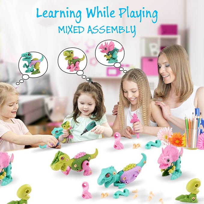 FREE TO FLY Dinosaur Toys for 3 4 5 6 7 8 Year Old: Take Apart Dinosaur Learning Toys for Kids 3-5 5-7, STEM Building Construction Set with Electric Drill, Birthday Girls Boys