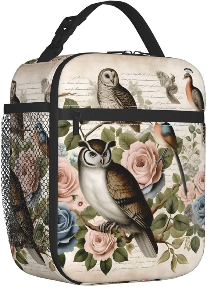 Cool Owl Lunch Box for Kids,Bird Insulated Bag for Student,Animal Reusable Thermal Insulation Cooler Tote Bags for School Work Picnic Camping Outdoor Gifts (Owl and Floral)