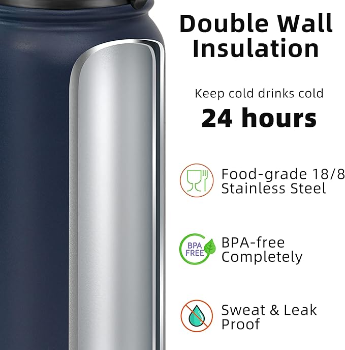 Fanhaw 32 Oz Stainless Steel Insulated Sports Water Bottles with Straw for Kids, Men and Women (Navy Blue)