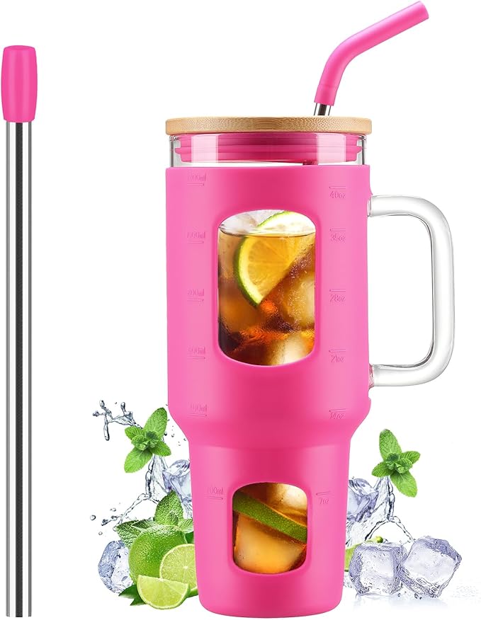 Glass Tumbler with Straw and Lid, 40 oz glass cup with handle, Glass Water Bottles with Time Marker, Silicone Protective Sleeve-Rose Red