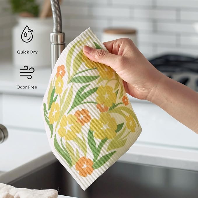RECYCO Swedish Dishcloths for Kitchen | 5 Pack Matisse Floral Washable Dish Rags | Cellulose Reusable Cleaning Paper Towels | Absorbent Counter Dish Cloth Sponge Kitchen Wipes, 8" L x 7" W