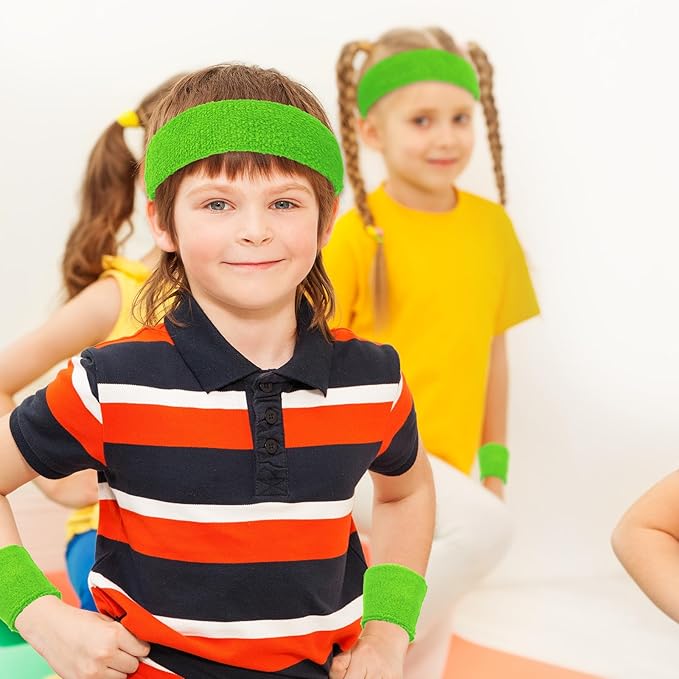 Bememo 36 Pcs Neon Sweatbands Set for Kids Bulk Sports Headband Wristband Set Cotton Terry Basketball Tennis for Students Youth 80s 90s Halloween Costumes Cosplay Glow Party