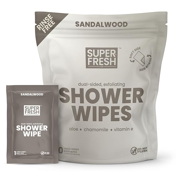 Super Fresh Shower Wipes Large Sandalwood Body Wipes for No Rinse Bathing Personal Hygiene Gym Travel or Camping Enriched with Aloe and Vitamin E 10 Individually Wrapped Disposable Sheets