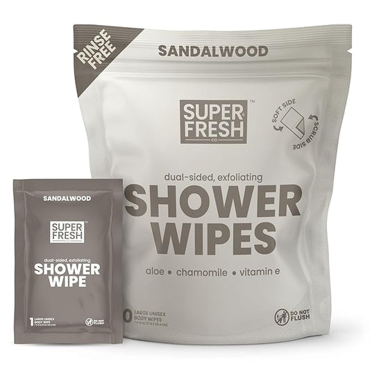 Super Fresh Shower Wipes Large Sandalwood Body Wipes for No Rinse Bathing Personal Hygiene Gym Travel or Camping Enriched with Aloe and Vitamin E 10 Individually Wrapped Disposable Sheets