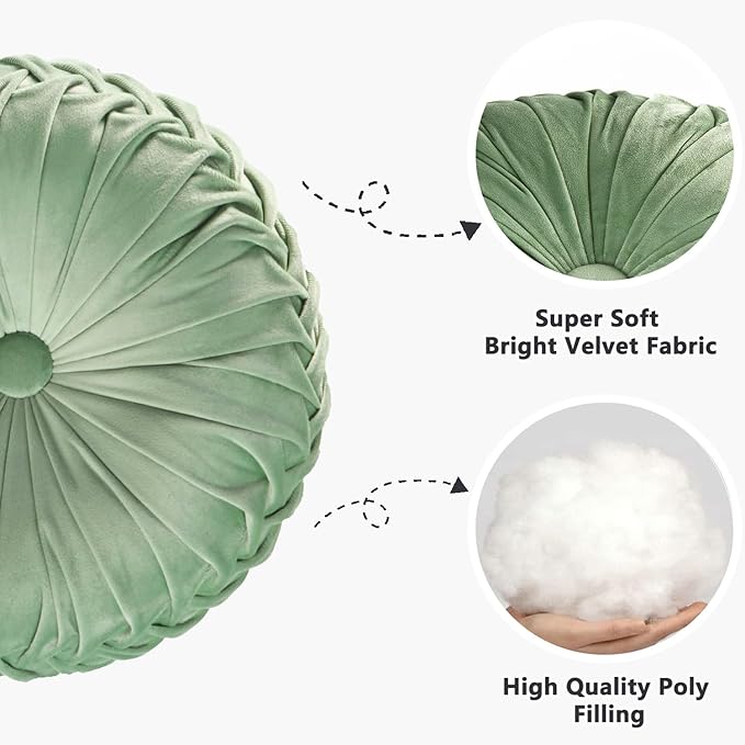 HIG Set of 2 Decorative Round Pleated Throw Pillows, Classy Accent Pumpkin Throw Pillows with Center Button, Vintage Velvet Floor Pillows for Sofa Vanity Chair Bed, Sage, 14.5" Diameter(Ripple)