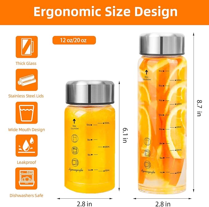 Glass Juice Bottles 4 Pack 20 oz - Wide Mouth Glass Water Bottles with Lids - for Juicing, Smoothies, Milk, Protein, BPA Free, Reusable, Stainless Steel Lids, Leak Proof, Shaker bottle [20oz/600ml]