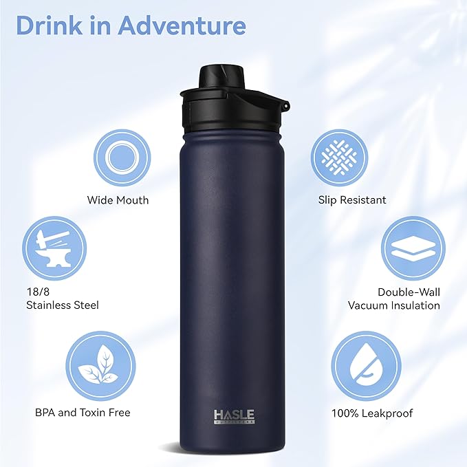 HASLE OUTFITTERS Insulated Water Bottle 22 oz Double Wall Stainless Steel Water Bottle Wide Mouth with Straw Lid & Spout Lid Keeps Cold or Hot(Navy,1)