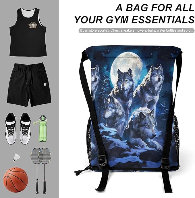 Custom Wolf Drawstring Backpack - Cute Cinch Sack, String Backpacks with Pocket for Women Men Kids Boys Girls for Gym Outdoor Sports Travel Athletic Drawstring Bag - Lightweight/Foldable