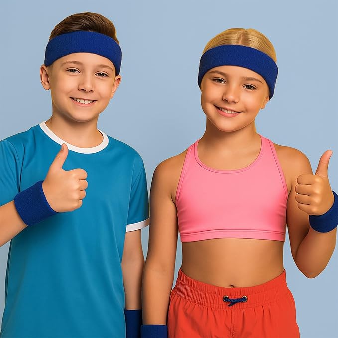 Bememo 36 Pcs Neon Sweatbands Set for Kids Bulk Sports Headband Wristband Set Cotton Terry Basketball Tennis for Students Youth 80s 90s Halloween Costumes Cosplay Glow Party