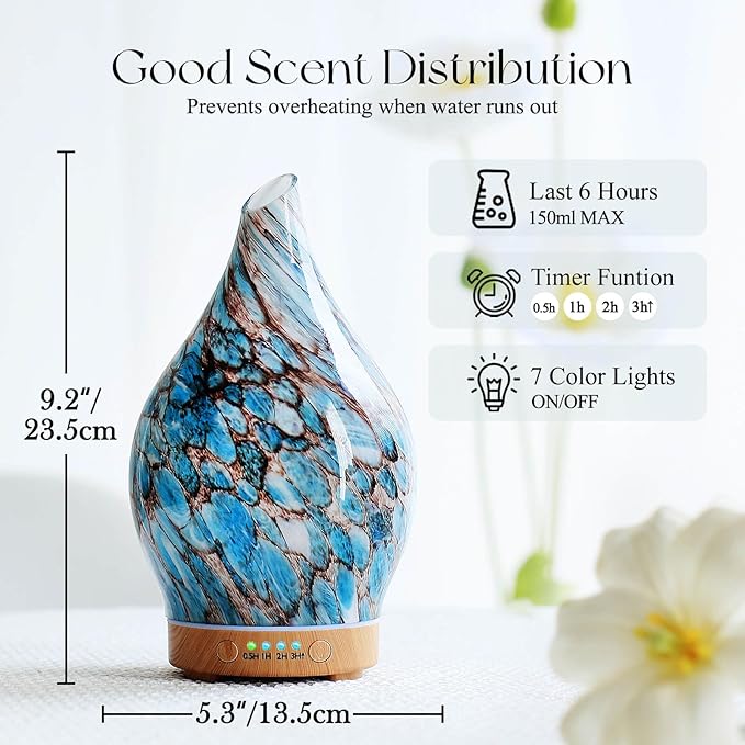 Porseme 150ml Glass Essential Oil Diffuser Aromatherapy Ultrasonic Cool Mist Humidifier 6 Running Hours Waterless Auto-Off Air Diffusers for Sleeping,Yoga,Office Working Spa and Rest (Light Blue)